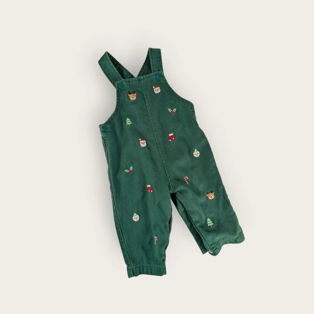 Kids Green Corduroy Christmas Overalls Santa Reindeer Holiday Embroidery Pants